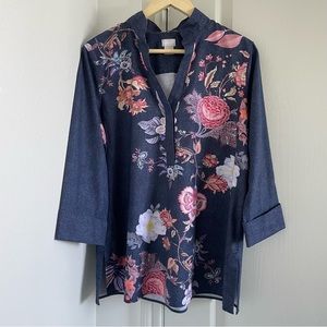 Chicos Floral Denim Top size 12